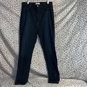 Vibrant dark wash gently worn high waist distressed skinny leg jeans